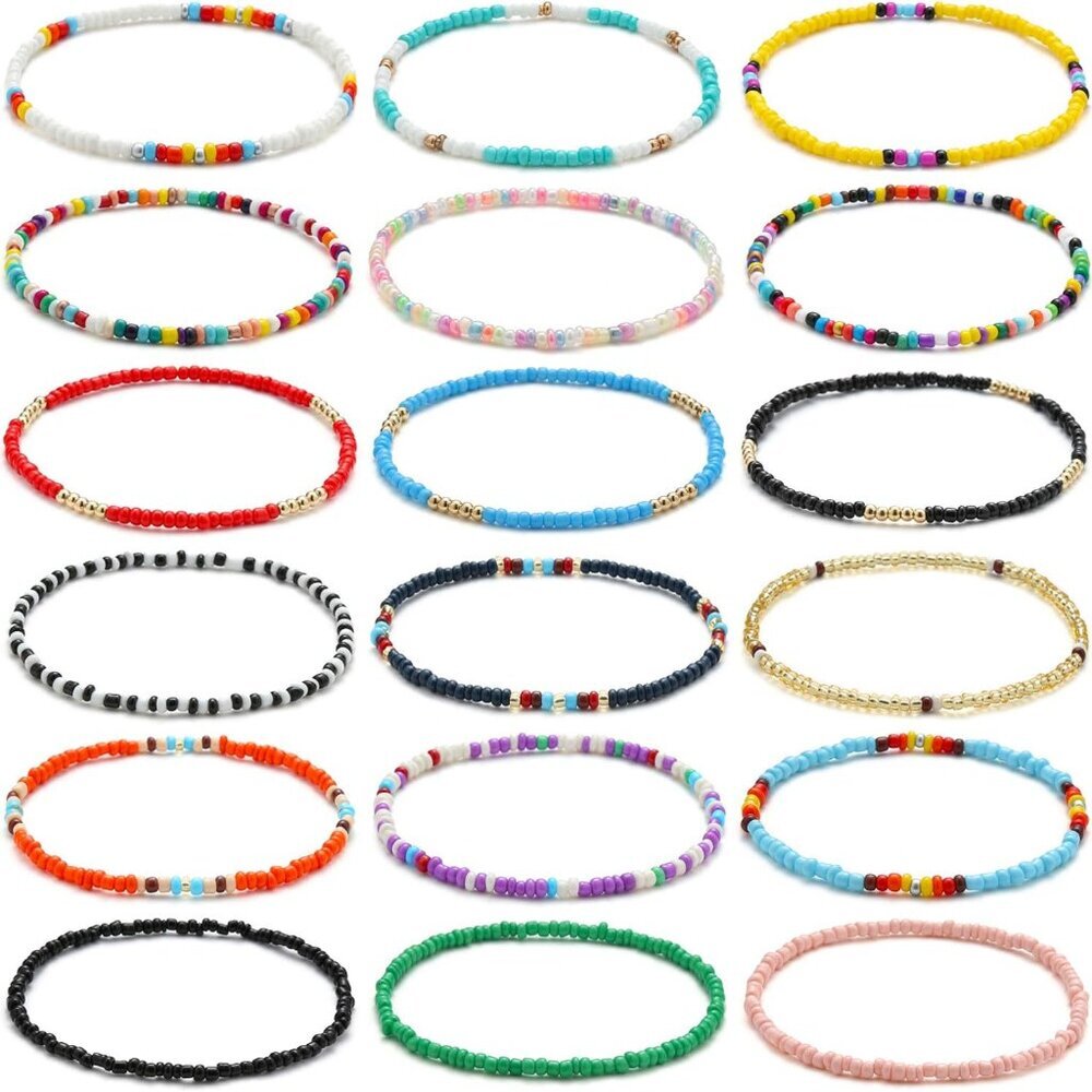 18 Pieces Elastic Beaded Anklets for Women Handmade Beach Boho Colorful Beads An